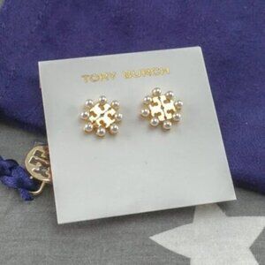 Tory Burch Kira Pearl Stud Earrings in Tory Gold / Cream